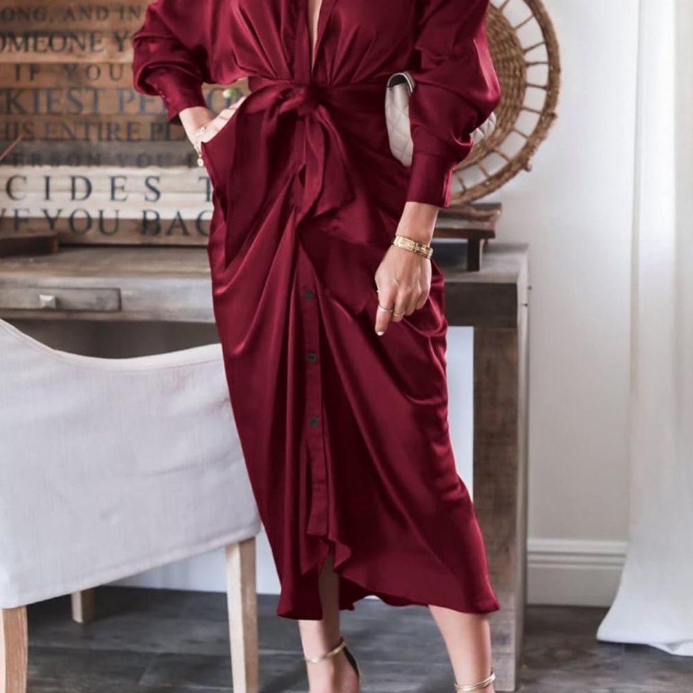 Elegant Burgundy Button-Down Dress